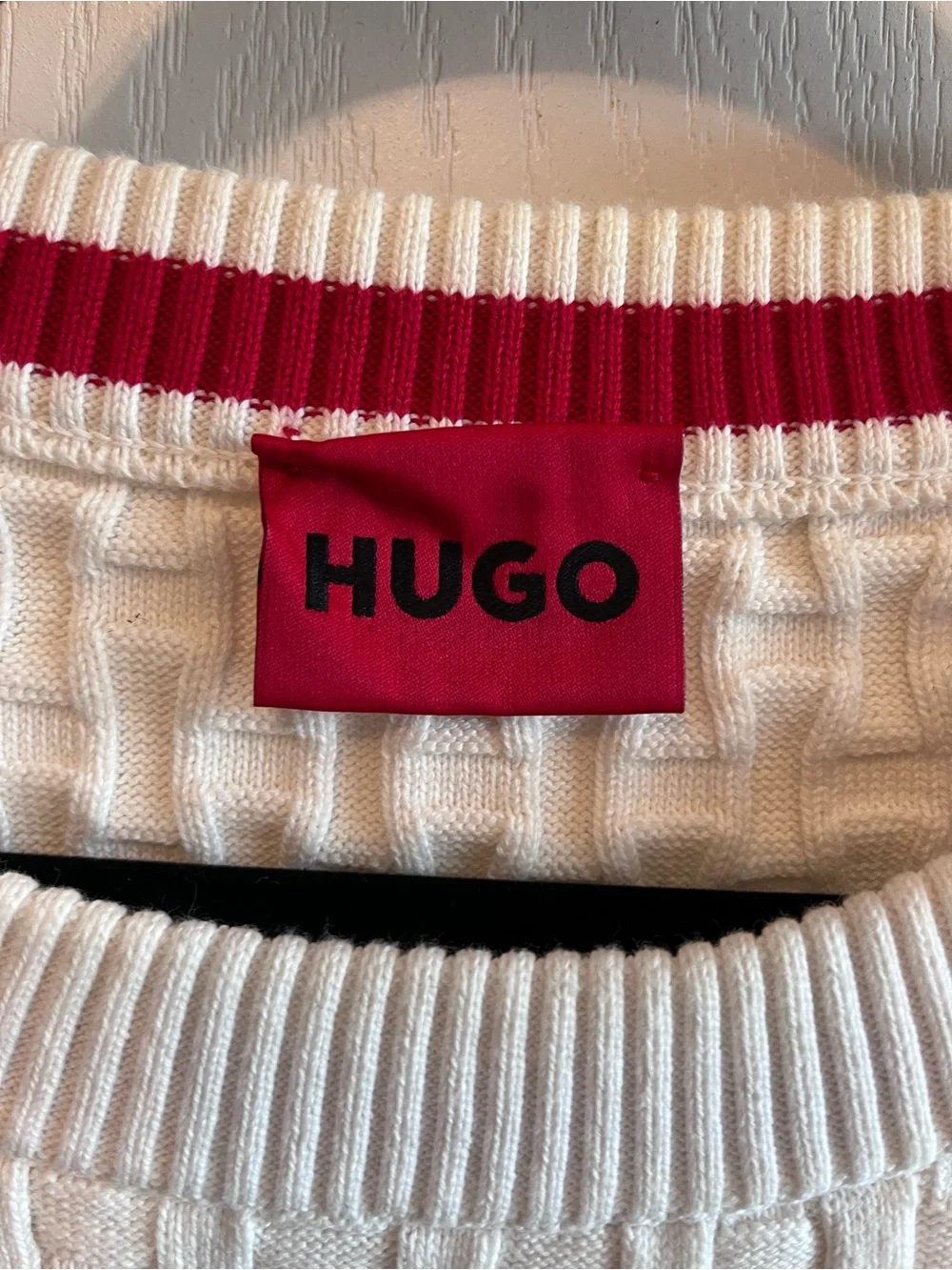 HUGO Boss Mens XL Stubon 3D Basketweave Textured Knit Sweater Off White Cream